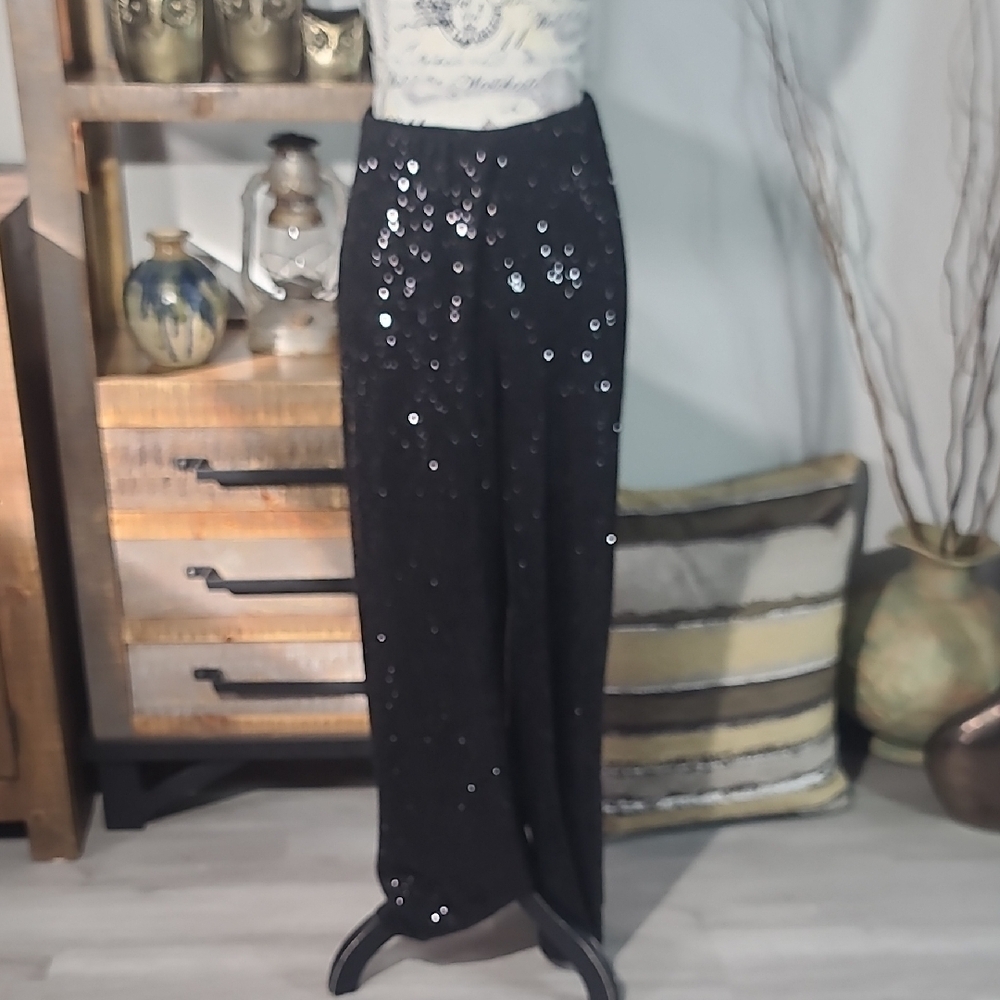 Nine West Sequin Wide Leg Stretch Pant Black